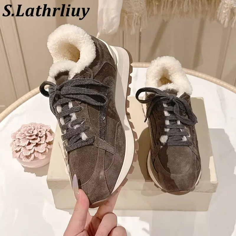 Casual Schuhe Winter Runde Kappe Flache Dicken Boden Frauen Wildleder String Bead Decor Lace Up Echt Wolle Futter Wanderschuhe Schnee Stiefel