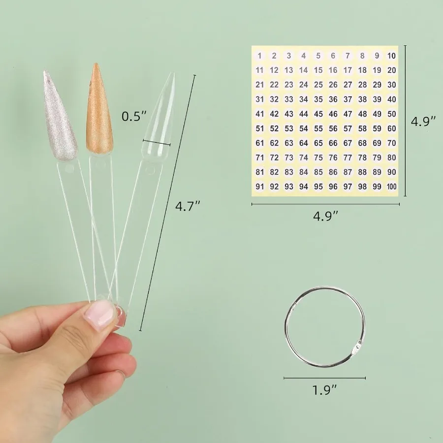 Bâtons d'échantillons d'ongles avec autocollants numériques, 150 pièces, pour affichage des couleurs, échantillons de vernis à ongles transparents en forme d'aiguilles avec anneau pour