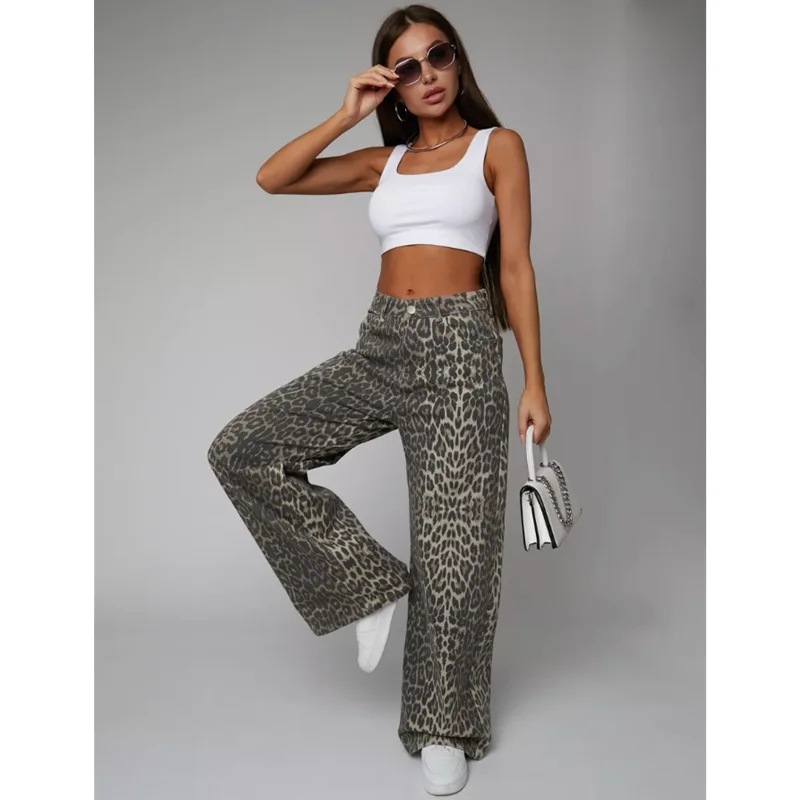 Leopard Print Womens Jeans High Waist Vintage Hip Hop Casual Straight Baggy Y2K Pants Streetwear American Wide Leg Denim Trouser