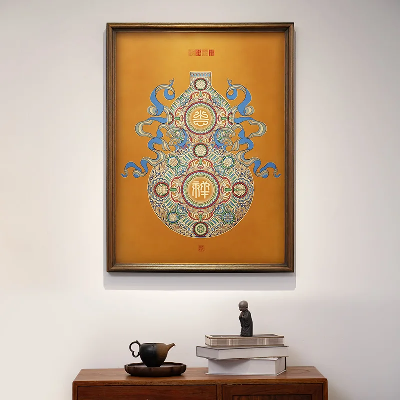 Solid Brass Gourd Jixiang Art Deco Rectangle Wood Frame Hanging Wall Painting Hand-Cast Auspicious Collector's Heirloom-Quality