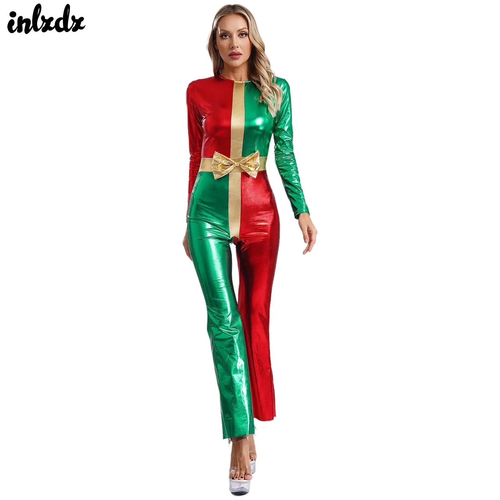 Women Christmas Cosplay Costume Shiny Metallic Bodysuit Long Sleeve Bell Bottom Color Block Patchwork Unitards Jumpsuit Costume