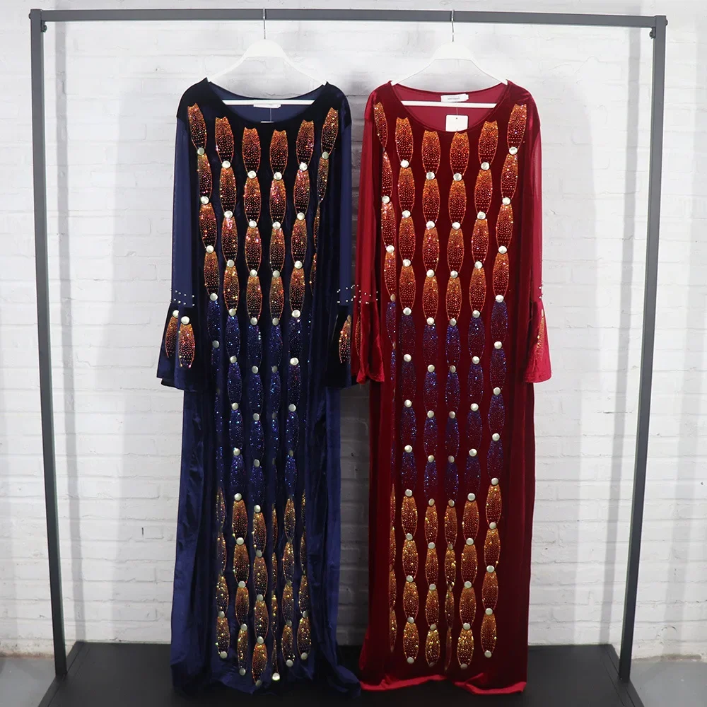 

Fashion Style Abaya Velvet Diamonds Beading African Dresses for Women Evening Party Dress Muslim Ankara Dashiki Africa Clothing
