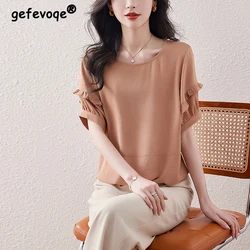 Women Stylish Ruffle Lace Up Elegant Blouses Summer Solid O Neck Short Sleeve Shirts Casual Loose Sweet Chic Tops Blusas Mujer