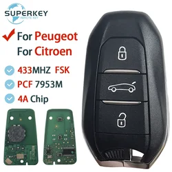 For Peugeot 208 308 3008 508 5008 Citroen C4 C4L DS4 DS5 Smart Remote Car Key 3 Buttons 433MHZ PCF7953 Keyless Go 4A Chip