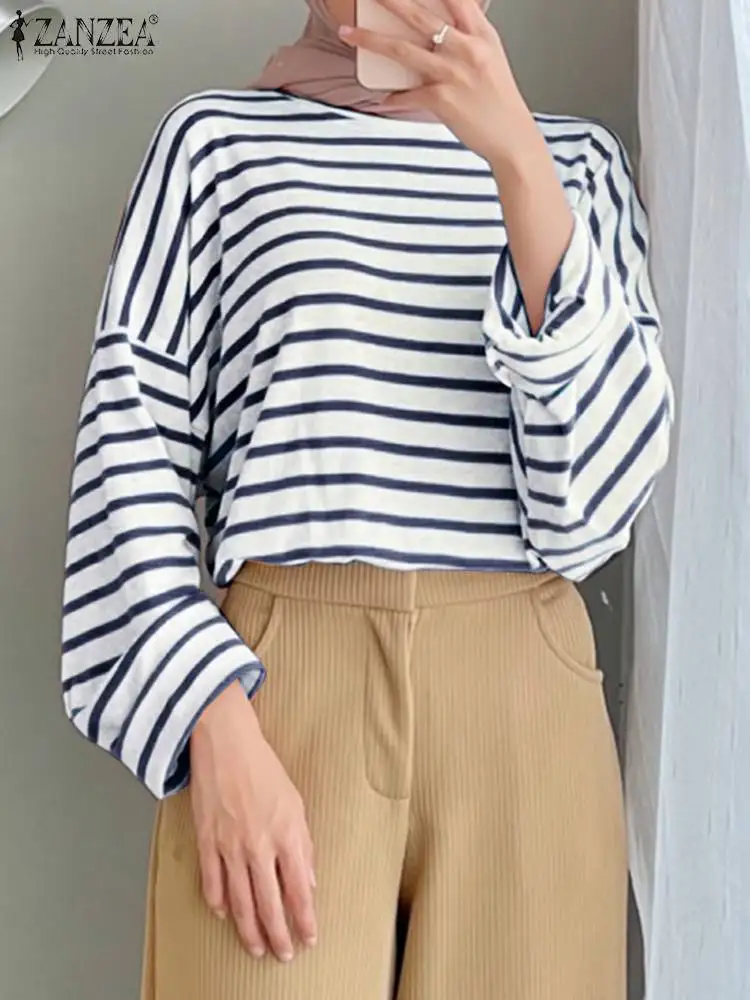 

ZANZEA Women Fashion Stripe Blouse Muslim Hijab Tops Casual Long Sleeve O Neck Shirt Elegant Work Blusas Turkey Abaya Kaftan
