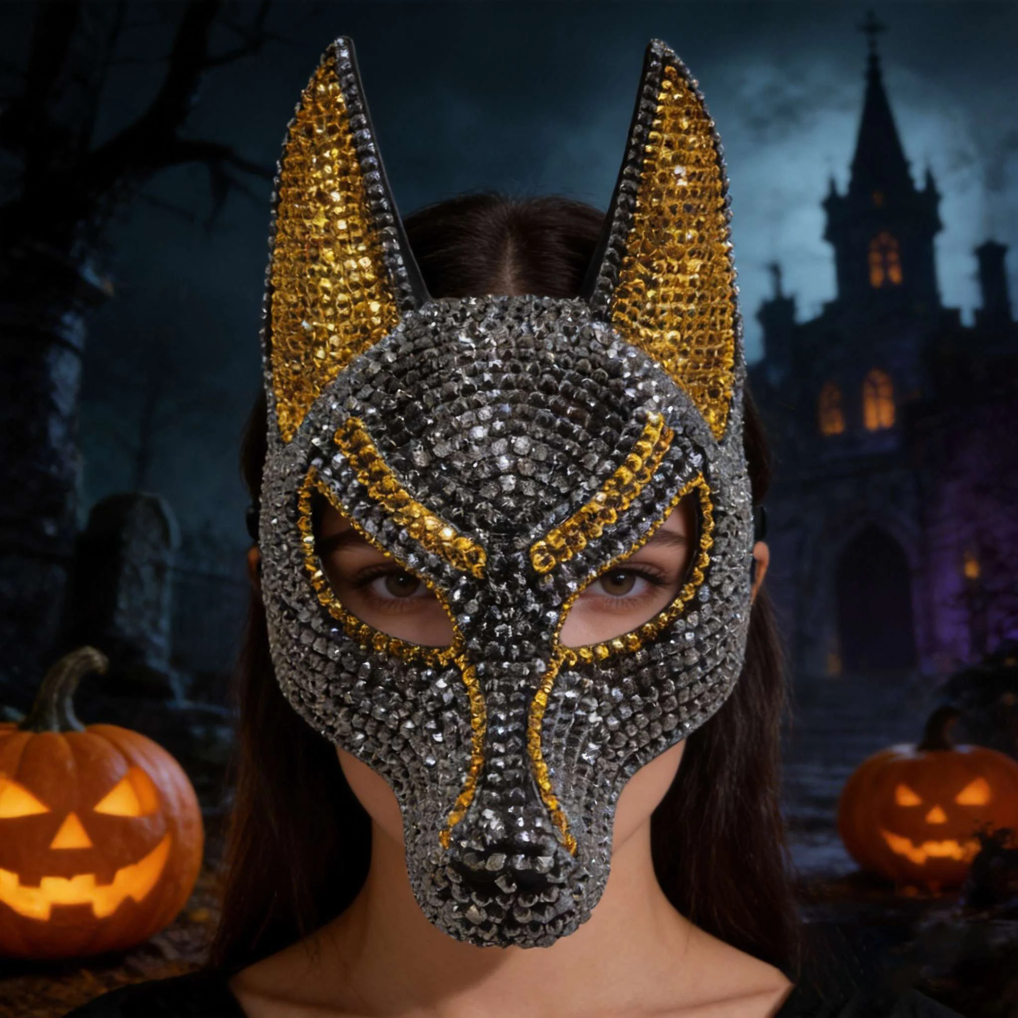 Masque d'Halloween effrayant Anubis Chacal Chien Loup Demi-visage Horreur Bête Strass Masque de mascarade Costume de fête Adulte Noir Argent