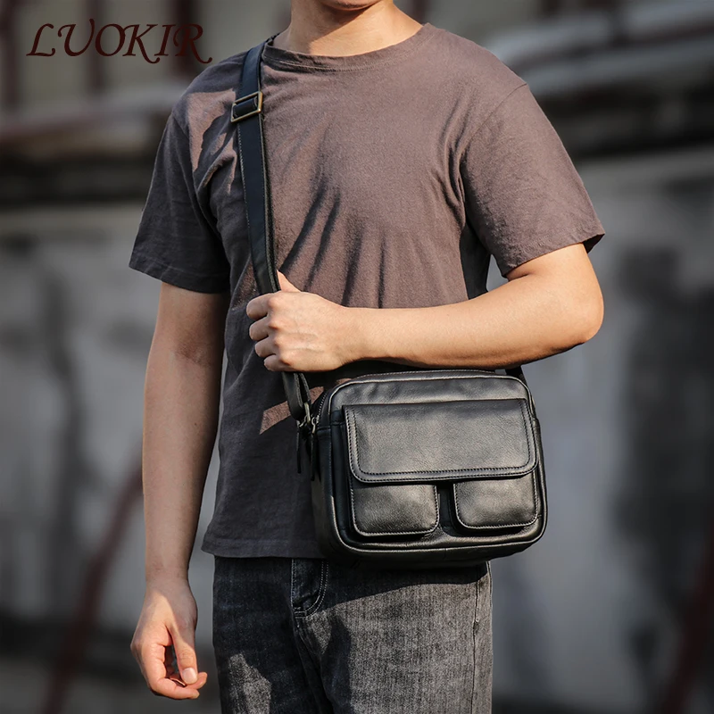 LUOKIR Men\'s Genuine Leather Crossbody Bag Casual Fashion Shoulder Bag First Layer Cowhide Messenger Bag For 8 Inch iPad