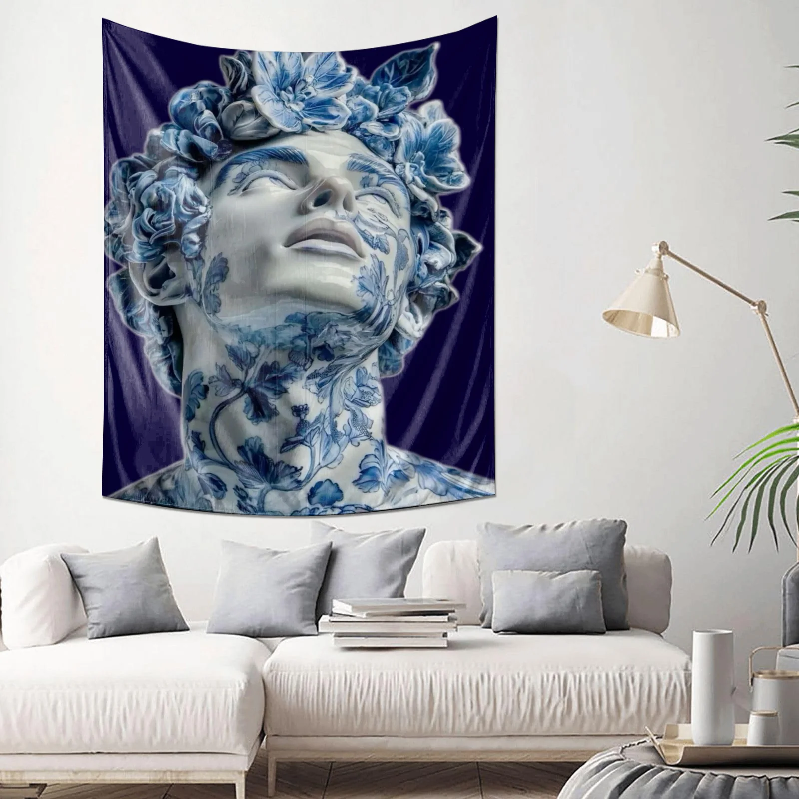 

Blue Floral Portrait Tapestry Boho Wall Hanging Art Decor for Living Room Bedroom Unique Home Decoration Accessories