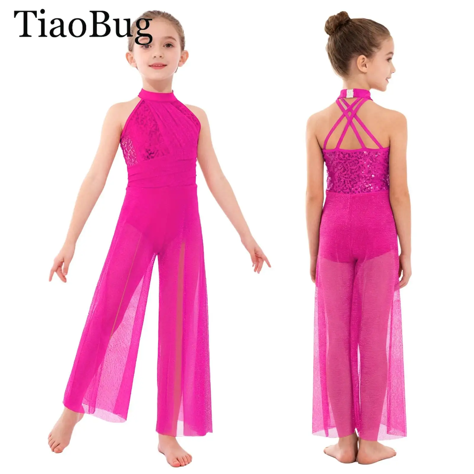 

Kids Girls Lyrical Dance Costume Gymnastics Jumpsuit Sleeveless Strappy Back Sequin Bodice Shimmery Mesh Split Skating Bodysuit