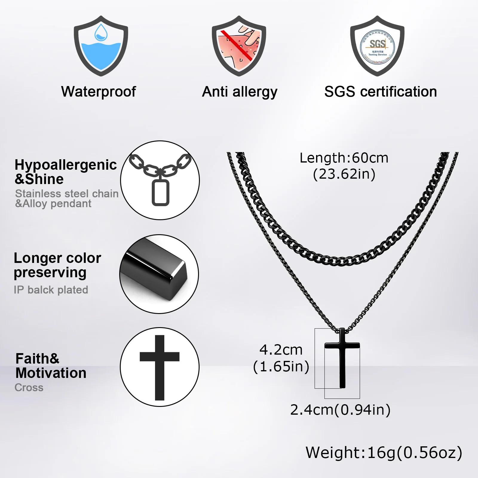 Vnox Mehrschichtige Kreuz-Halskette, Edelstahl-Mehrfachketten-Halsketten mit gedrehtem Panzerketten-Anhänger, Hip-Hop-Schmuck mit religiösem Motiv für Männer. – Detail 14