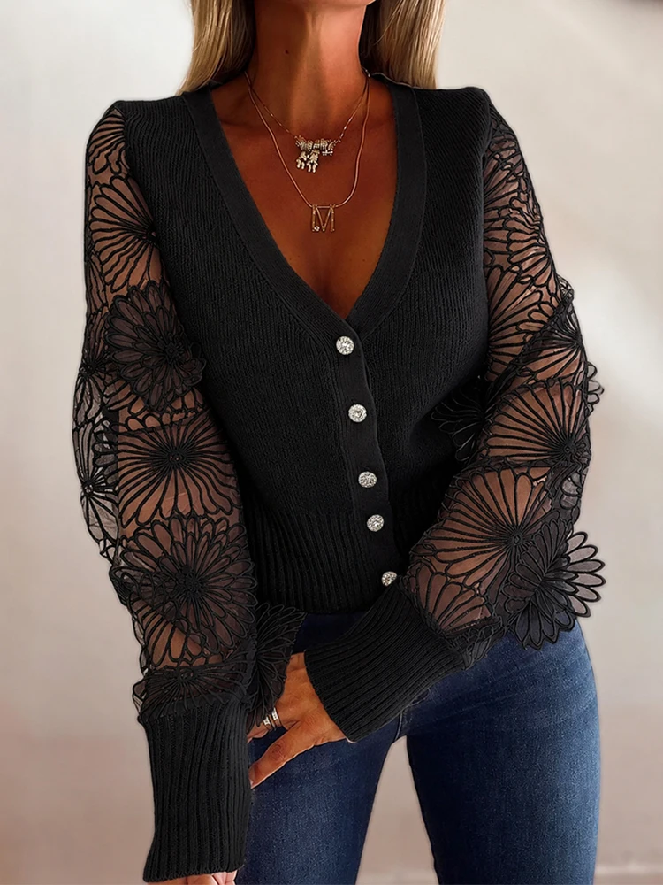 Fashion Flower Lace Patchwork Autumn Sweater Sexy V Neck Button Solid Color Office Coat Simple Women's Loose Knitted Cardigan