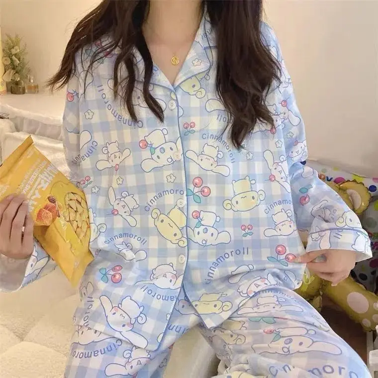 ชุดนอนแขนยาวลายซินนามอโรล คุโรมิ 2 ชิ้น สำหรับผู้หญิง น่ารัก สไตล์อนิเมะ การ์ตูน แฟชั่นสาวๆ ฤดูใบไม้ผลิ สบายๆ ชุดนอนนักเรียน ชุดอยู่บ้าน