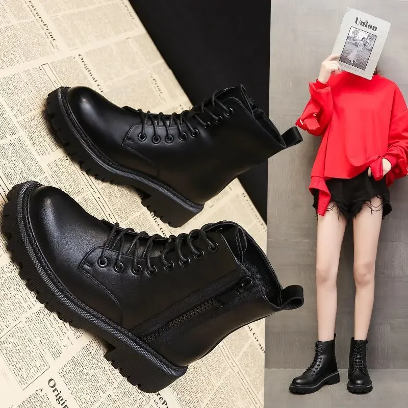 Women Boots Platform Ankle Boots Autumn Winter Shoes Genuine Leather Motorcycle 6 Boot Punk Shoes Women Booties Botas Mujer