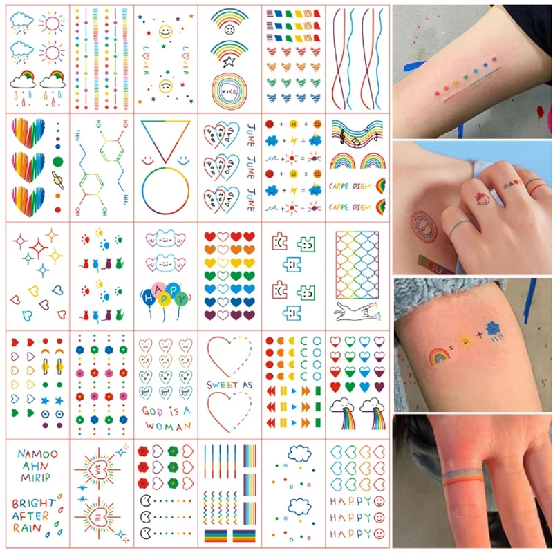 30pcs Dazzling Elegant Style Tattoo Stickers For Girls Personalized Smiling Face Cute Rainbow Line Small And Fresh Tattoo