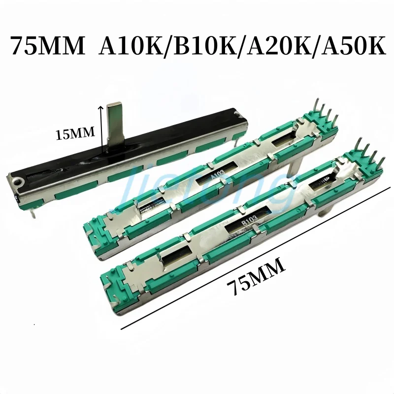 5 Peças Potenciômetro Deslizante Reto de 75mm para Mixer, Resistores Variáveis A103 B103 A20K A50K D10K Ohm, Canal Duplo A203 A503