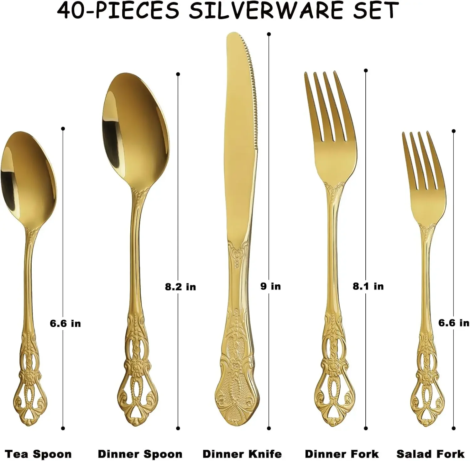 40-Piece Gold Silverware Set for 8, Stainless Steel Retro Flatware, Mirror Finish, Dishwasher Safe view 2
