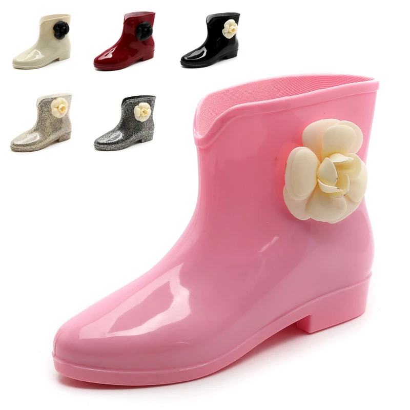 

Fashion Flowers Rain Boots Women Shining Winter Ankle Bootie Female Bow Tie Rainy Shoes Water Resistant Wading Snow Shoes