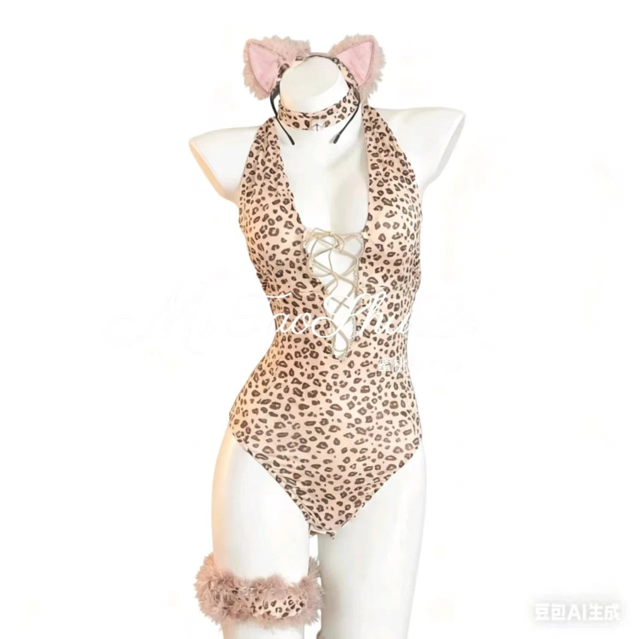 

Cosplay Sexy Leopard Print Catgirl Costume Set Bodysuit with Leg Wraps for Women suit