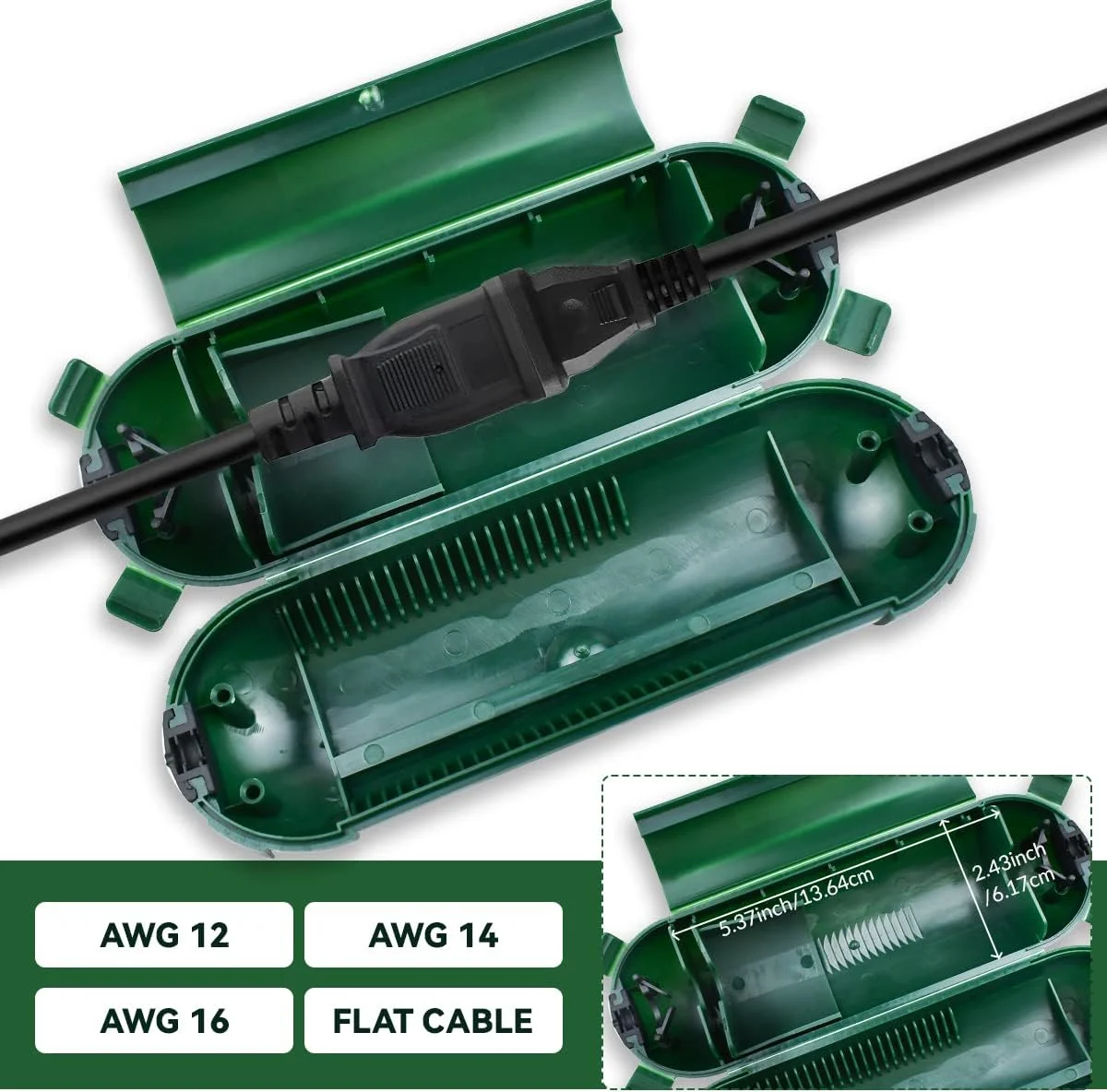 Outdoor Extension Cord Cover Waterproof Connection Protector with 4 Seal Latches Adjustable Compartment for AWG 12/14/16 Cords view 5