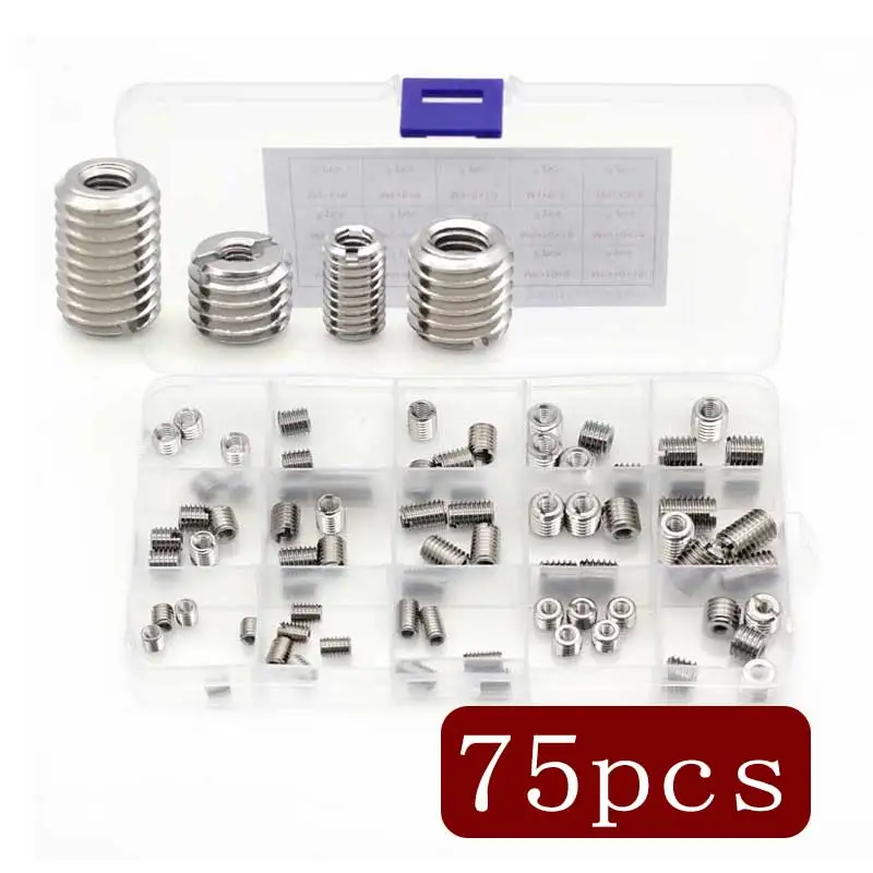 75Pcs Stainless Steel Inner Thread Self Tapping Thread Inserts Set Thread Reinforce Repair Tool M4 M5 M6 Thread Repair Nut