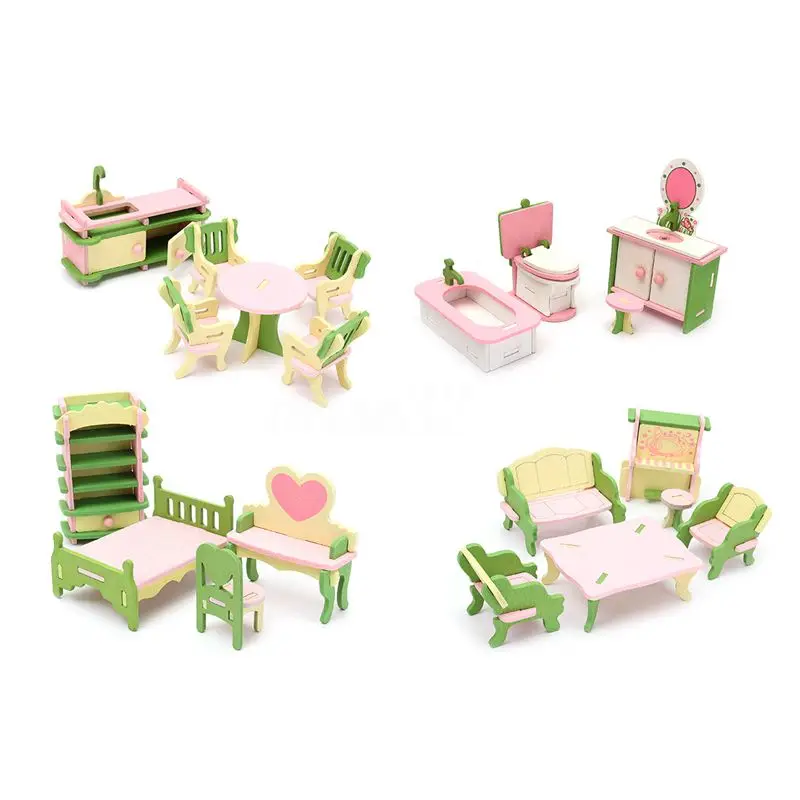 4 Set Wooden Dollhouse Miniature Furniture Puzzle Model Children Kids Toys