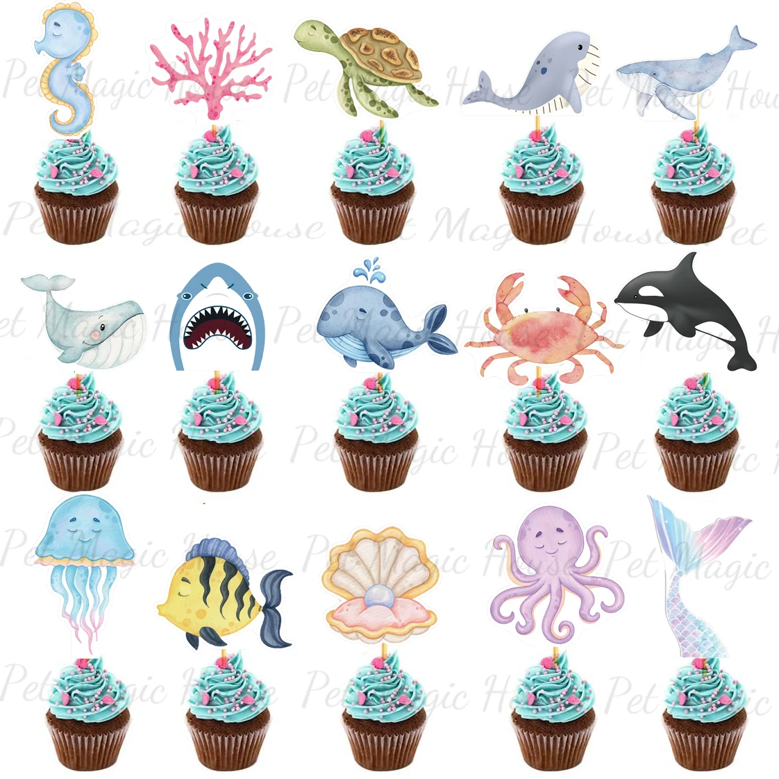 17pcs Octopus Mermaid Tail Cupcake Topper Turtle Seahorse Cake Topper for Ocean Cake Decoration Birthday Party Baby Shower Decor