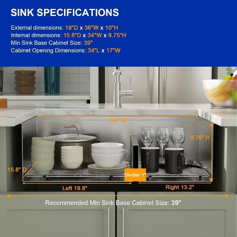 Dcolora 36Inch Large Double Bowl Low-Divide Kitchen Sink Undermount 16 Gauge Stainless Steel 60/40 Split Workstation,36"x19"x10"