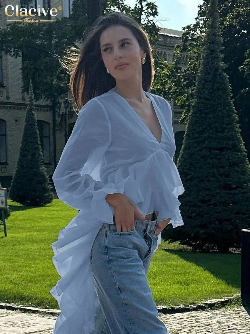 

Clacive сексуальная свободная белая женская рубашка 2025 модные рубашки с v-образным вырезом и длинными рукавами элегантный топ с рюшами нестандартной формы женская одежда