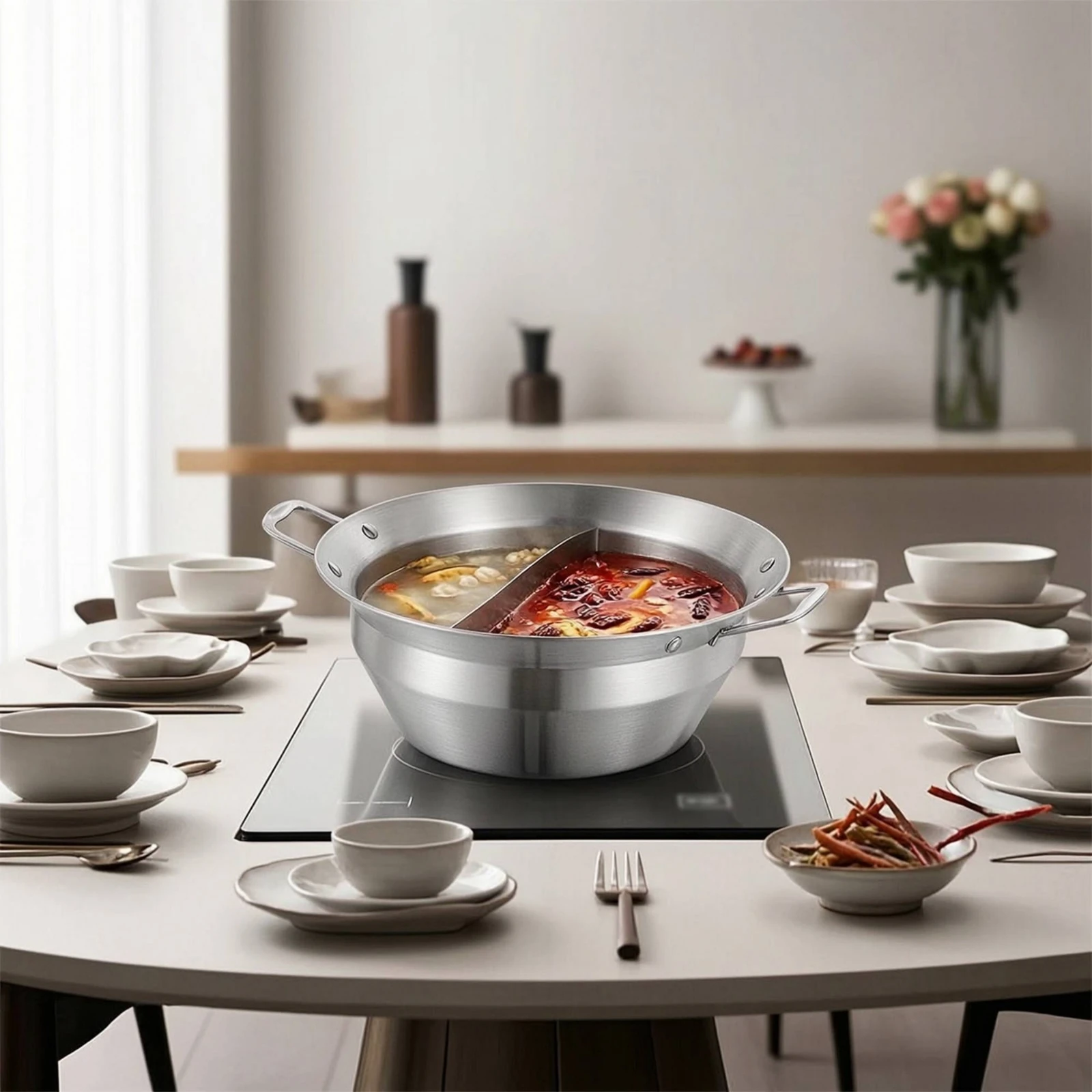 Two-Compartmentflavor Hot Pot Brushed Hot Pot with Divider Cookware Sturdy Warp-Resistant for Families, Dinner Parties