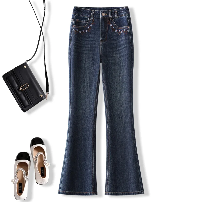 여성용 새 자수 플레어 진, 가을 하이웨이스트 슬리밍 롱 팬츠, 신축성 있는 슬림핏 머메이드 팬츠