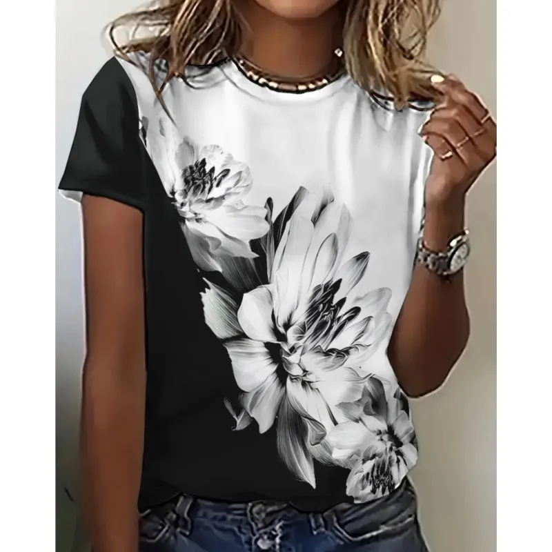 Camisetas con estampado de gato de manga corta y cuello redondo para mujer, Tops informales holgados con estampado de flores en 3D, verano 2024