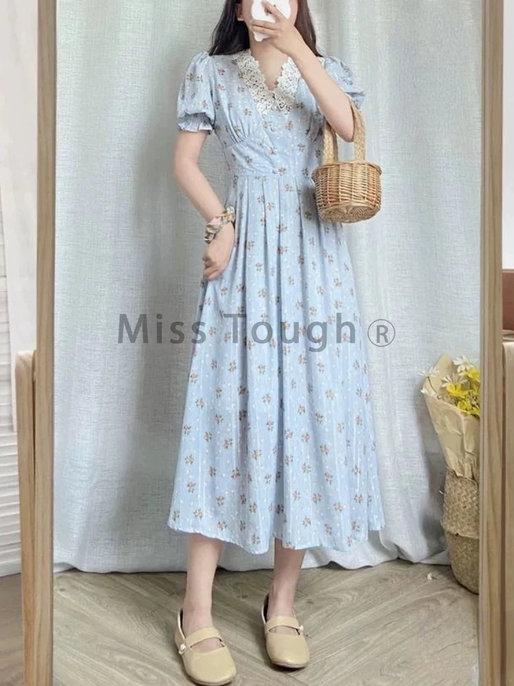 Robe en dentelle florale vintage pour femme, robes mi-longues décontractées, robe une pièce, mode coréenne élégante, robe de soirée à col en V, nouveau