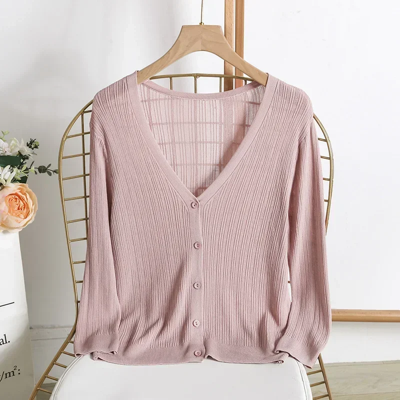 2024 Coat Ice Silk Knitted Sweater Knitted Cardigan Women\'s Summer Thin Version Sun Protection Vest Small Shawl Outer Layer