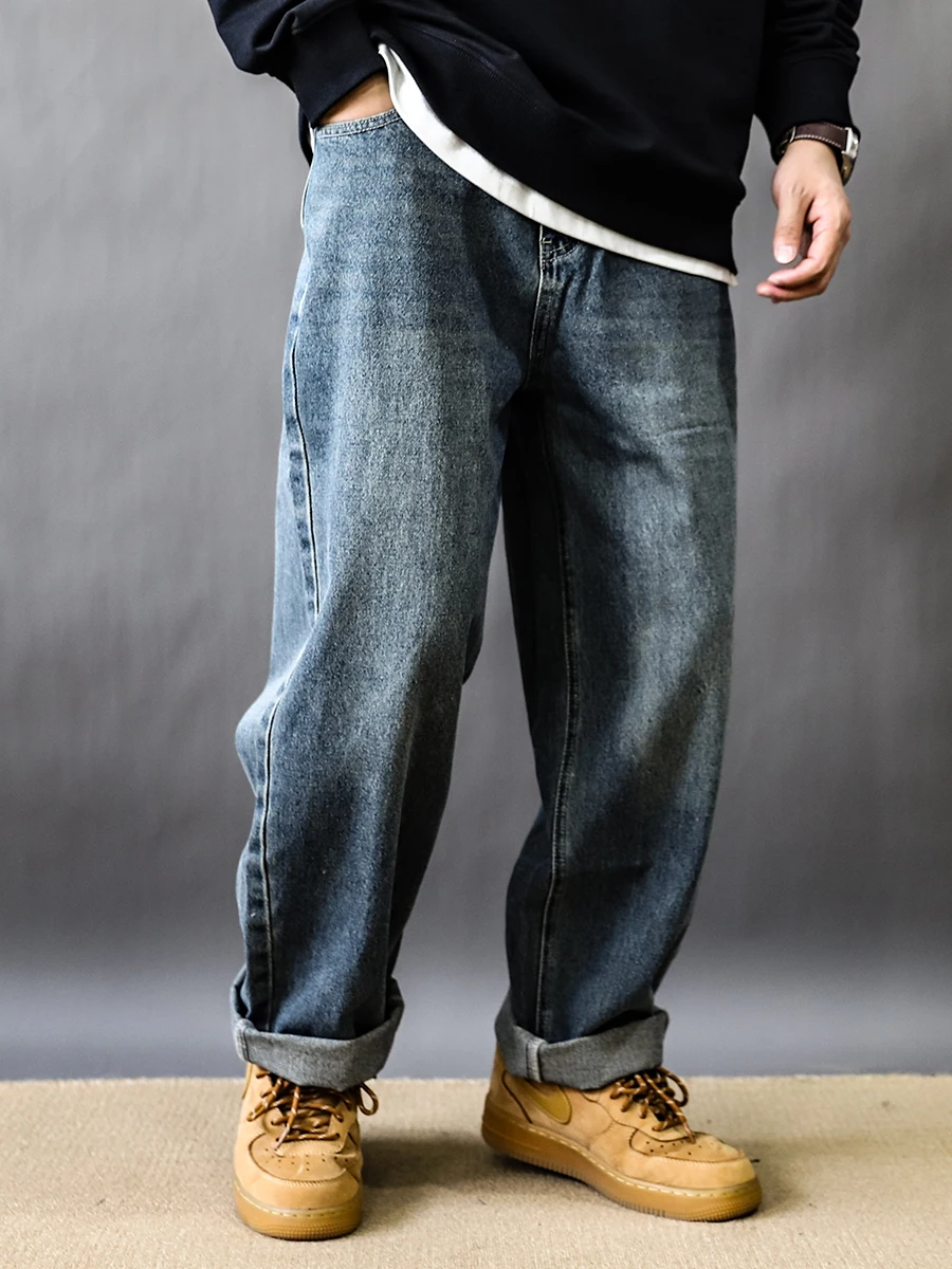 

Retro American Neutral Wide Leg Loose Elastic Waist Simple Match Straight Waed Vintage Jeans Long Pants Youth ular Cotto...