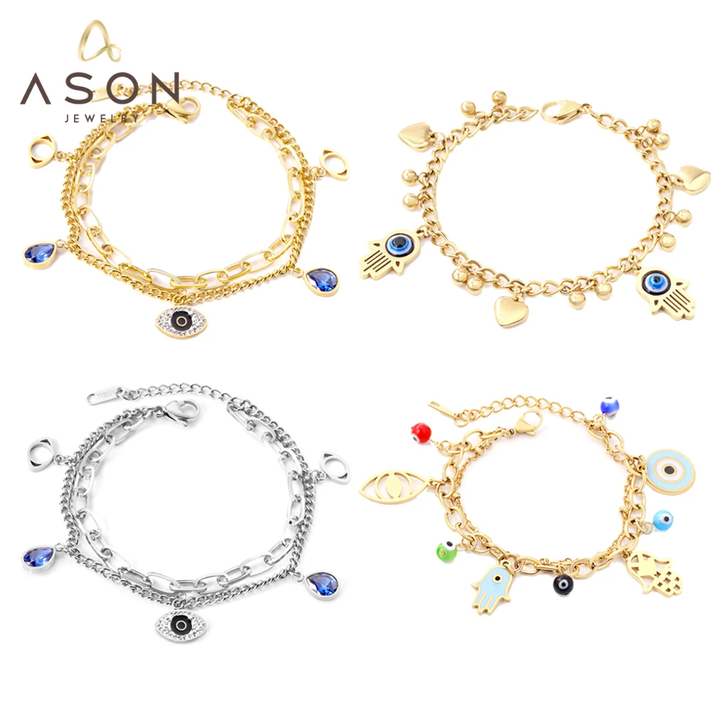 ASONSTEEL Trendy Evil Eyes Plam Mixed Color Link Chain Bracelets Gold Color Stainless Steel For Women Jewelry  Bangle News Trend