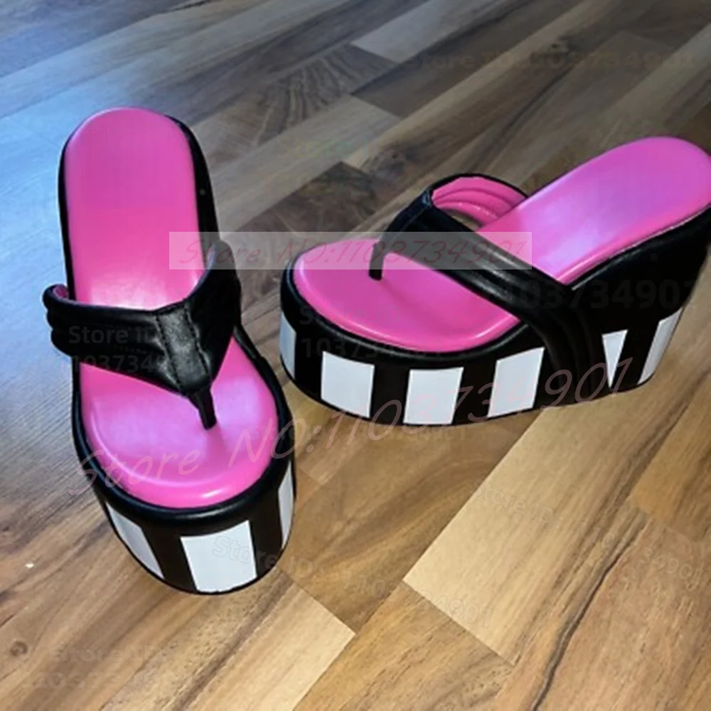 White Patchwork Platform Flip-Flops Sandals Women Leather Thong Straps Elevator Shoes Casual Heels Sandals