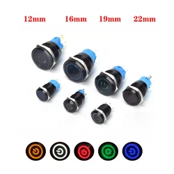 Black Push Button Switch 12/16/19/22mm Waterproof illuminated Led Light Metal Flat Momentary Switches with power mark 5V 12V 24V