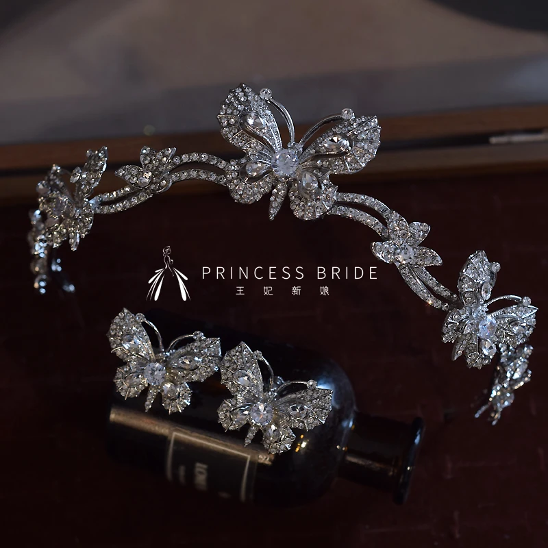 2025年-スパークリングダイヤモンド-ライトラグジュアリー-バタフライヘアフープイヤリングセット-ステージパフォーマンスヘッドウェア