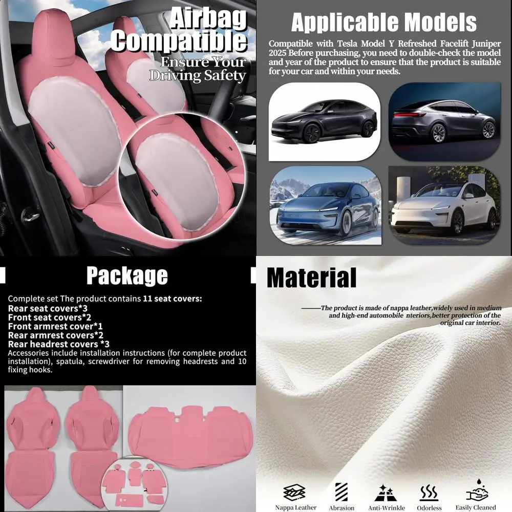 

Pink Nappa Leather Car Seat Covers Compatible with Tesla Model Y Refreshed Facelift Juniper 2025 Full Set Custom Fit Does Not Af