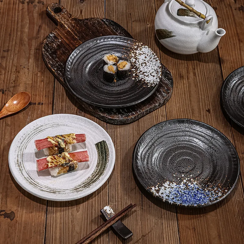 Japanese-style ceramic sushi threaded plate setting table spitting bone plate black  Western tableware supermarket bowl