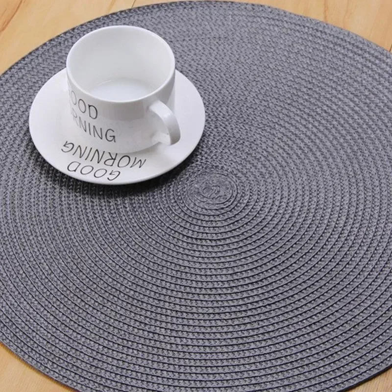 1pc Round Woven Placemats PP Waterproof Dining Table Mat Non-Slip Napkin Disc Bowl Pads Drink Cup Coasters Kitchen Decoration