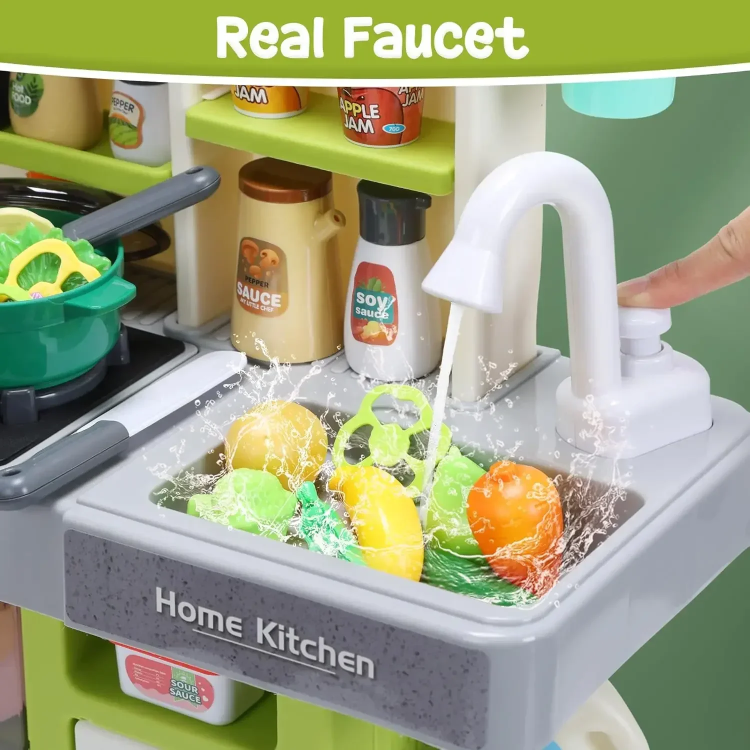 Kinderkeukenspeelset, fantasiespelkeuken met geluiden en verlichting, gootsteen en speelvoedsel, speelgoedkeukenset voor kinderen, peuters