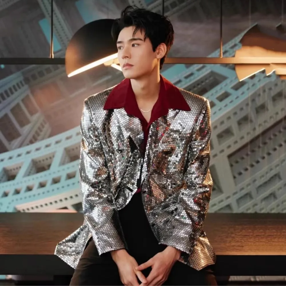 

Men's Casual Blazers Singer Silver Sequins Suit Jackets Party Glitter Sequined Bar Concert Shiny Coat Stage Performance Costume