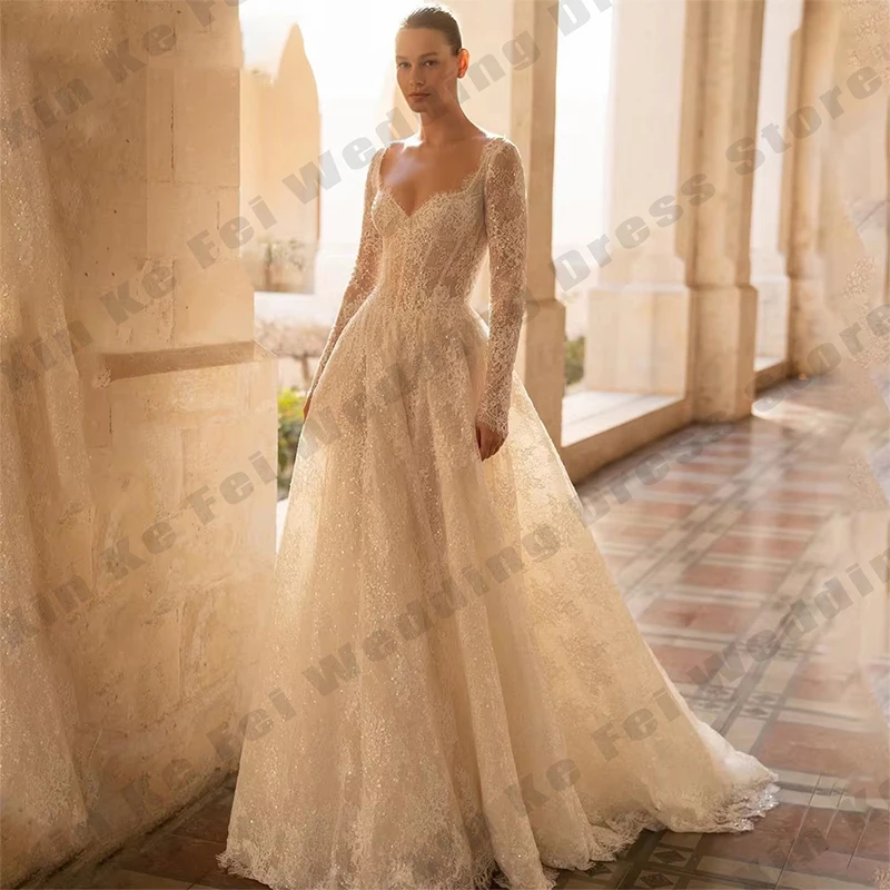 Abiti da sposa in pizzo di lusso Sweetheart maniche lunghe Abiti da sposa Paillettes Lucido Elegante abito da sposa classico Vestido personalizzato