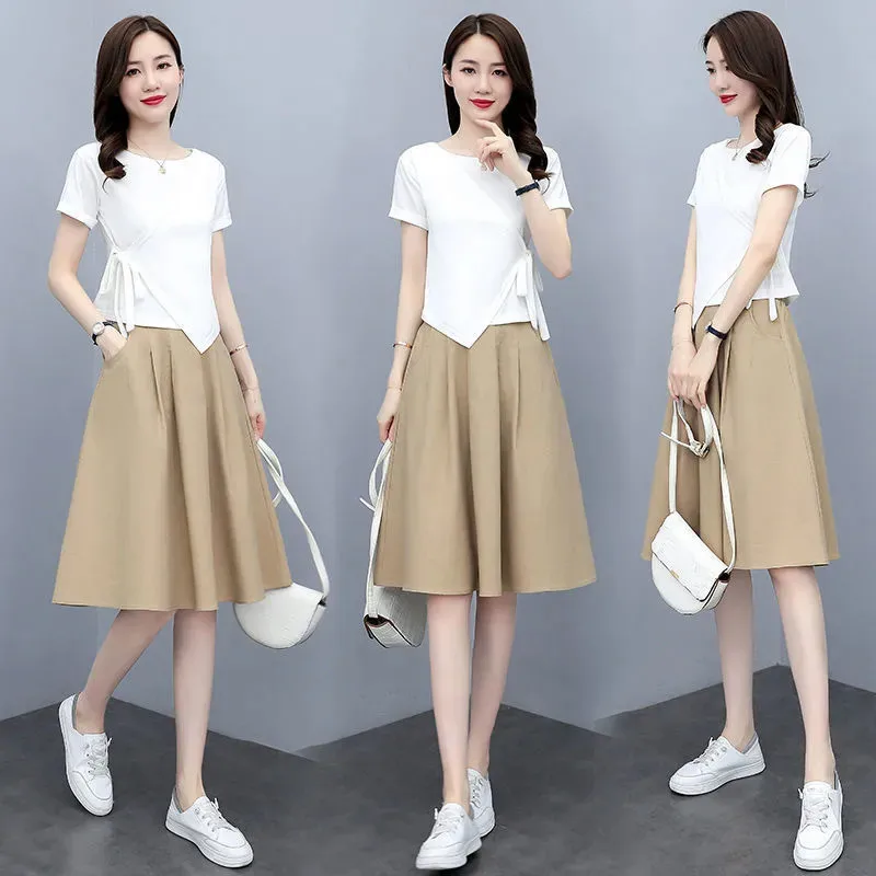 

2024 Women's New Summer Cotton Linen Suits Female Solid Short Sleeve Pullover Top + Loose A-line Skirts Ladies 2 Piece Sets Z169