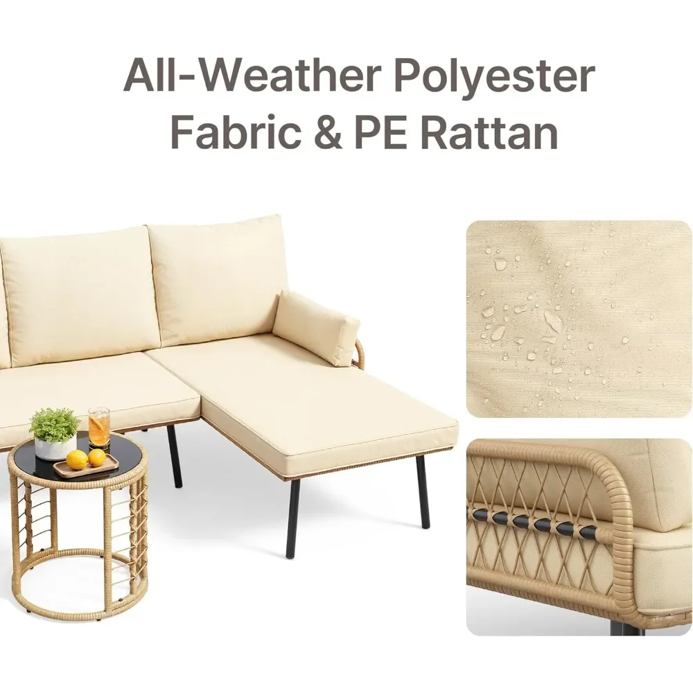 

3-piece Outdoor Terrace Furniture Set, All-weather PE Willow L-shaped Conversation Sofa with Thick Padding and Glass Table