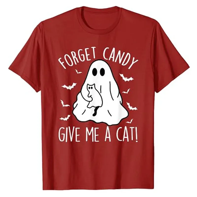 Funny Boo Ghost Black Cat Forget Candy Give Me Cat Halloween T-Shirt Gifts Spooky Kitty Lover Graphic Tee Short Sleeve Blouses