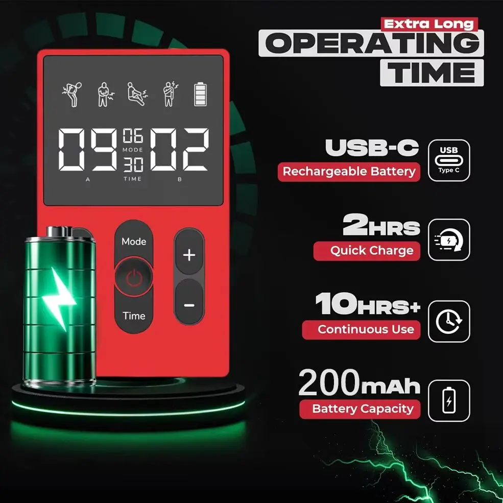 عشرات ميريديان مدلك EMS متعدد الوظائف 12 وضع 36 مستوى كثافة توقيت ثنائي القناة إخراج استرخاء العضلات