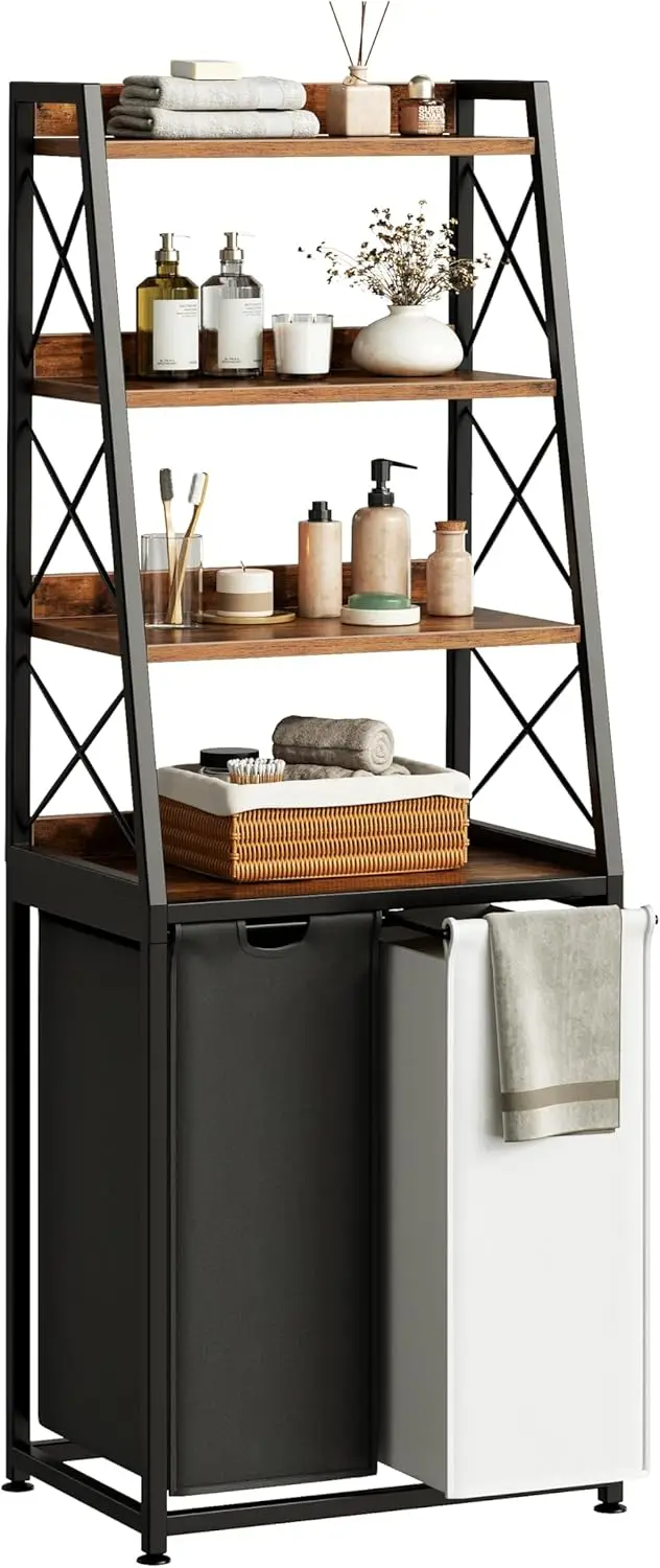 

Двухсекционная корзина для белья с 4 полками, выдвижными съемными мешками, большой вместимостью для спальни и ванной комнаты