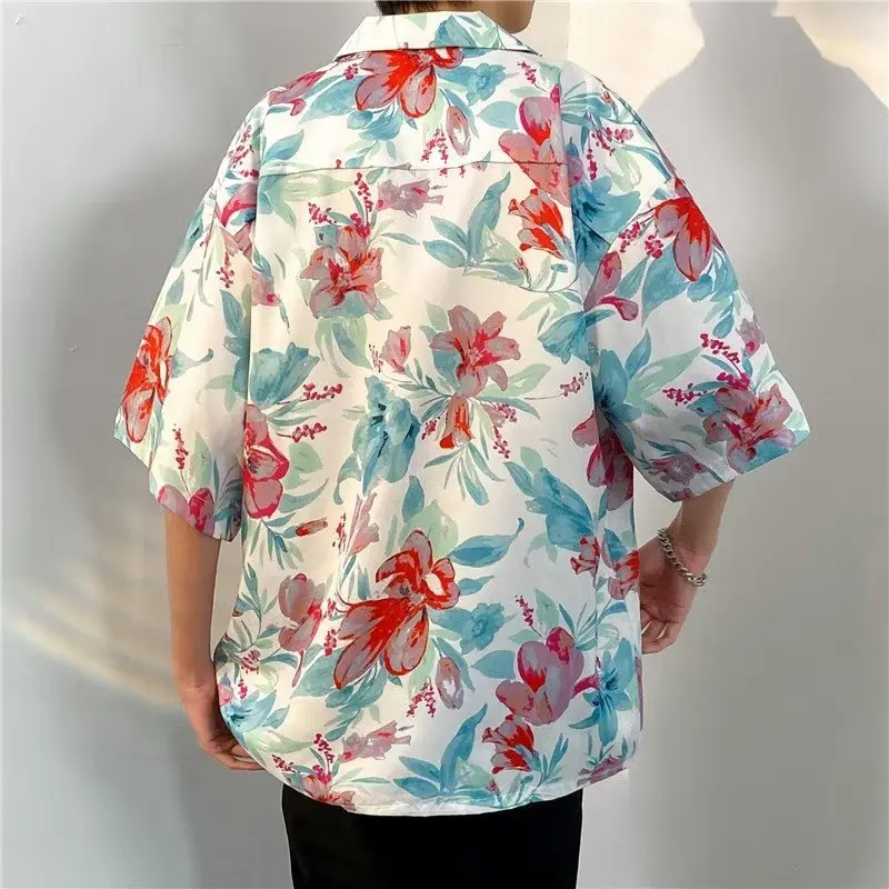 Camicie hawaiane da uomo avanzate traspiranti alla moda estive mezza manica floreale alta tasca da strada stile coreano maschio pantaloni a vita bassa bello